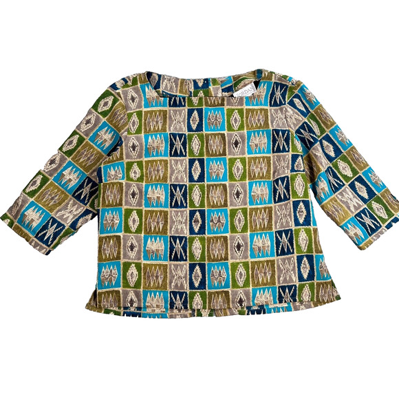 Jordan Vintage 3/4 Sleeve Blouse Womens Large Button Back Square Neck Green/Blue - Picture 1 of 8